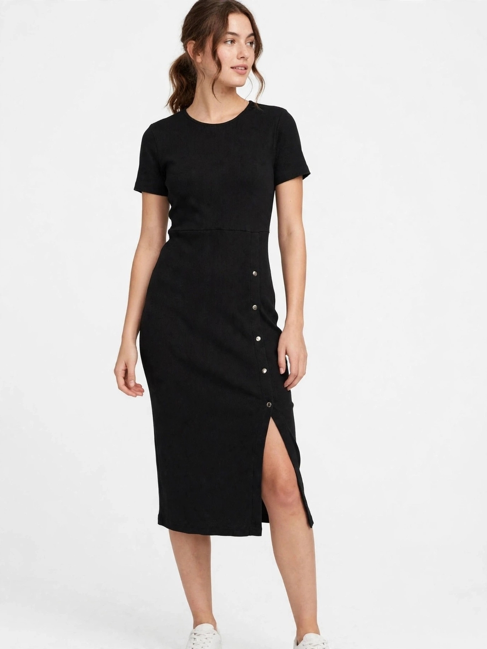 Women’s Black Short-Sleeve Midi Dress with Side Button Slit